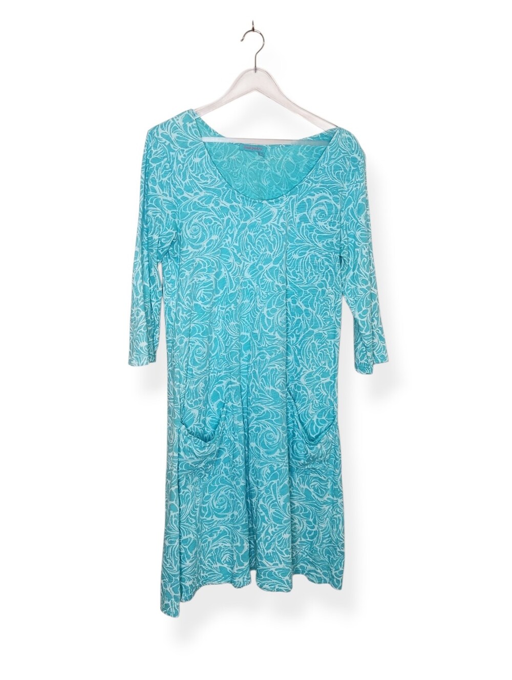 Fresh Produce Aqua Blue White Printed Dalia Dress Size Medium Style 22090 Cotton